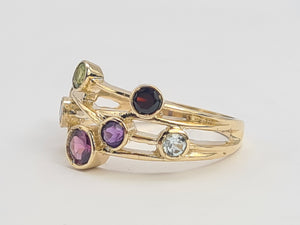 0209: Vintage: Abstract 9ct Gold Multi-Gemstones Cocktail Ring- lovely colour array