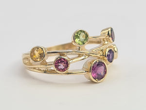 0209: Vintage: Abstract 9ct Gold Multi-Gemstones Cocktail Ring- lovely colour array