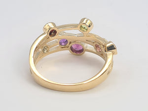 0209: Vintage: Abstract 9ct Gold Multi-Gemstones Cocktail Ring- lovely colour array