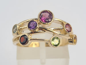 0209: Vintage: Abstract 9ct Gold Multi-Gemstones Cocktail Ring- lovely colour array