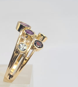 0209: Vintage: Abstract 9ct Gold Multi-Gemstones Cocktail Ring- lovely colour array