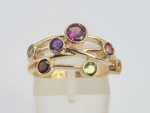 0209: Vintage: Abstract 9ct Gold Multi-Gemstones Cocktail Ring- lovely colour array