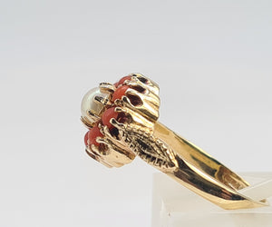 0477: Vintage: 9ct Gold Pearl Corals Flower Head Ring - Date- Mark 1968