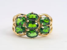 Load image into Gallery viewer, 0539: Vintage: 9ct Gold 7 Green Diopsides Cocktail Ring- lovely cut and colours
