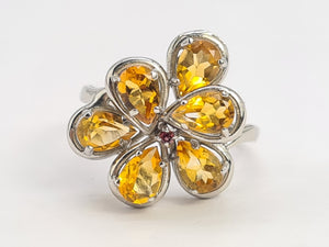 0673: Vintage: Rare 14ct Gold 6 Citrines Almandine Garnet Floral Cocktail Ring- striking colours