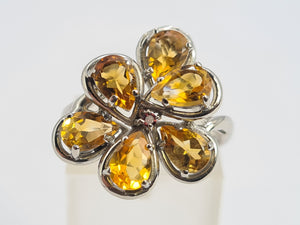 0673: Vintage: Rare 14ct Gold 6 Citrines Almandine Garnet Floral Cocktail Ring- striking colours