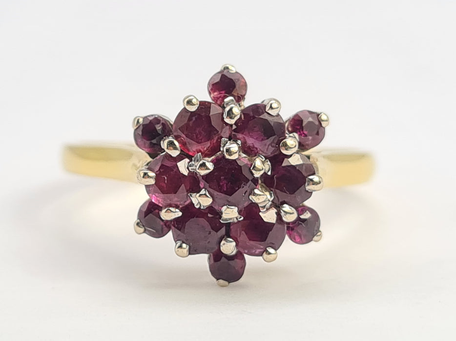 6186 Vintage: 18ct Gold Rich Red Rubies Cluster Ring-From 1974