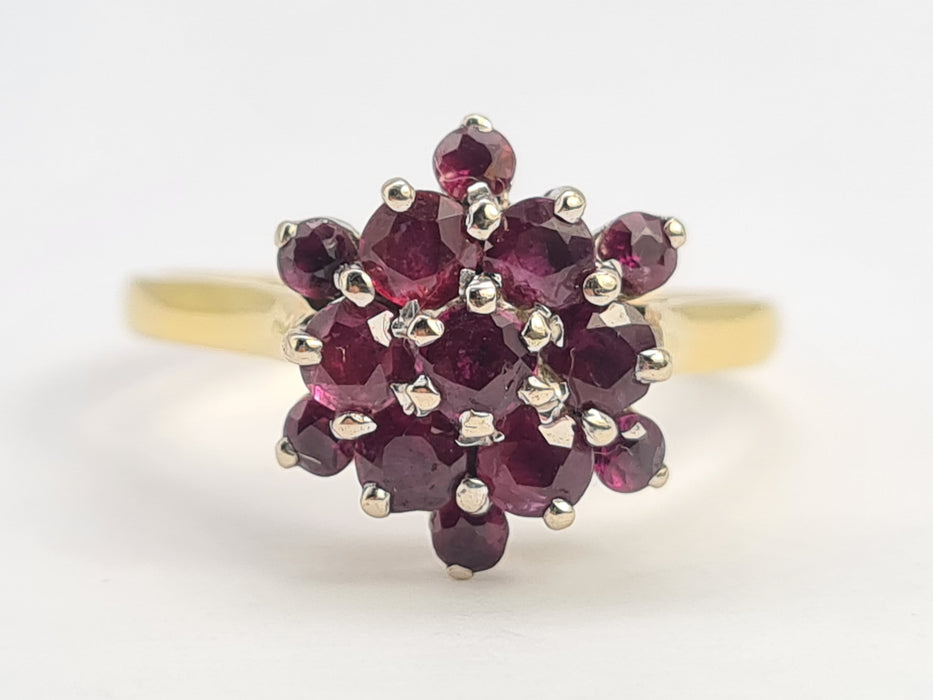 6186 Vintage: 18ct Gold Rich Red Rubies Cluster Ring-From 1974