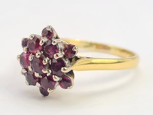 0676: Vintage: 18ct Gold Rich Red Rubies Cluster Ring- Date- Mark 1974