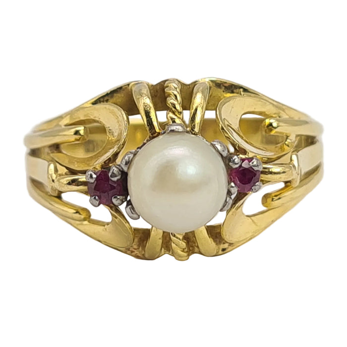 6136 Vintage: Rare: 18ct Gold Cultured Pearl Rubies Cocktail Ring