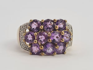 0698: Vintage: 9ct Gold Purple Amethysts 14 Diamonds Cocktail Ring