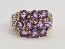 Load image into Gallery viewer, 0698: Vintage: 9ct Gold Purple Amethysts 14 Diamonds Cocktail Ring
