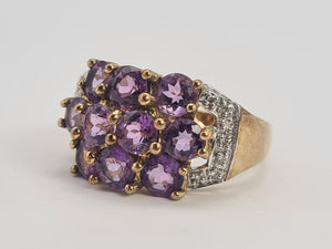 0698: Vintage: 9ct Gold Purple Amethysts 14 Diamonds Cocktail Ring