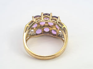 0698: Vintage: 9ct Gold Purple Amethysts 14 Diamonds Cocktail Ring