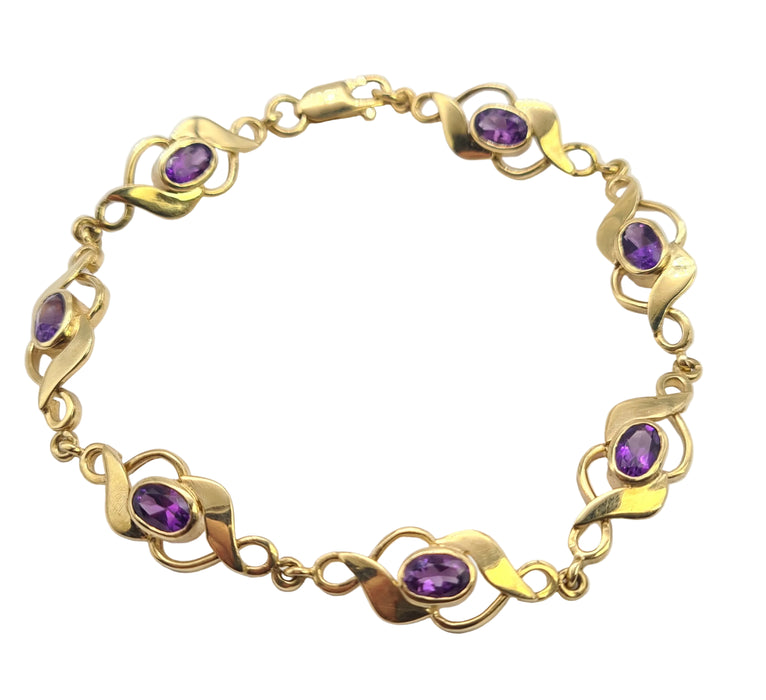 6502 Vintage: 9ct Yellow Gold Amethyst Seven-Stone Link Bracelet