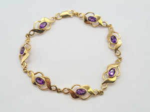 0749: Vintage: Heavy 9ct Gold 7 Purple Amethysts Link Bracelet (20cm) - splendid