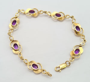 0749: Vintage: Heavy 9ct Gold 7 Purple Amethysts Link Bracelet (20cm) - splendid