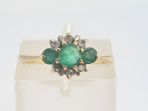 0242: Vintage: Petite 9ct Gold Emeralds Diamonds Dress Ring