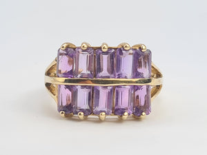 0358: Vintage: Rare 9ct Gold 10 Emerald Cut Amethysts Cocktail Ring - statement, nice weight