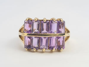 0358: Vintage: Rare 9ct Gold 10 Emerald Cut Amethysts Cocktail Ring - statement, nice weight