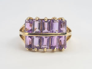 0358: Vintage: Rare 9ct Gold 10 Emerald Cut Amethysts Cocktail Ring - statement, nice weight