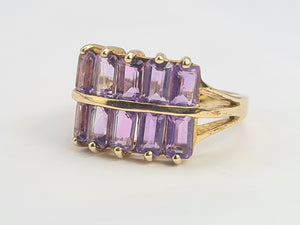 0358: Vintage: Rare 9ct Gold 10 Emerald Cut Amethysts Cocktail Ring - statement, nice weight