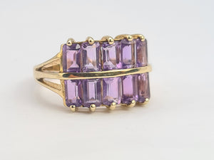 0358: Vintage: Rare 9ct Gold 10 Emerald Cut Amethysts Cocktail Ring - statement, nice weight