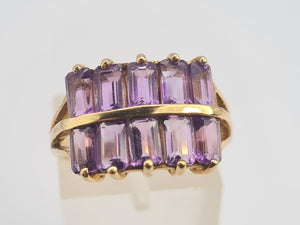 0358: Vintage: Rare 9ct Gold 10 Emerald Cut Amethysts Cocktail Ring - statement, nice weight