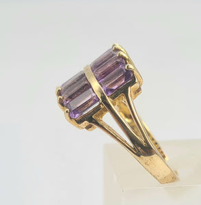 0358: Vintage: Rare 9ct Gold 10 Emerald Cut Amethysts Cocktail Ring - statement, nice weight