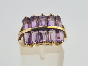 0358: Vintage: Rare 9ct Gold 10 Emerald Cut Amethysts Cocktail Ring - statement, nice weight