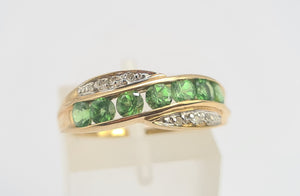 0654: Vintage: 9ct Gold Green Diopsides Diamonds Dress Ring