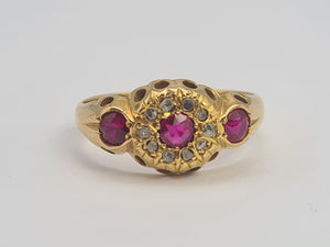 0668: Antique: 18ct Gold Rubies Diamonds Dress Ring- Date- Mark 1911