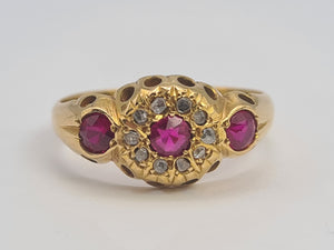 0668: Antique: 18ct Gold Rubies Diamonds Dress Ring- Date- Mark 1911