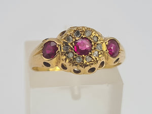 0668: Antique: 18ct Gold Rubies Diamonds Dress Ring- Date- Mark 1911