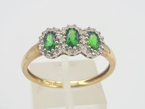 0348: Vintage: 9ct Gold green Diopsides 38 Diamonds Ring- eye candy