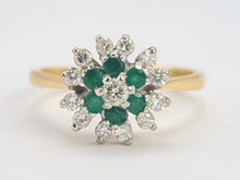 Load image into Gallery viewer, 0571: Vintage: 18ct Gold Emeralds Diamonds Flower Head Ring- simply gorgeous
