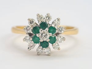 0571: Vintage: 18ct Gold Emeralds Diamonds Flower Head Ring- simply gorgeous