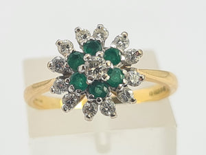 0571: Vintage: 18ct Gold Emeralds Diamonds Flower Head Ring- simply gorgeous