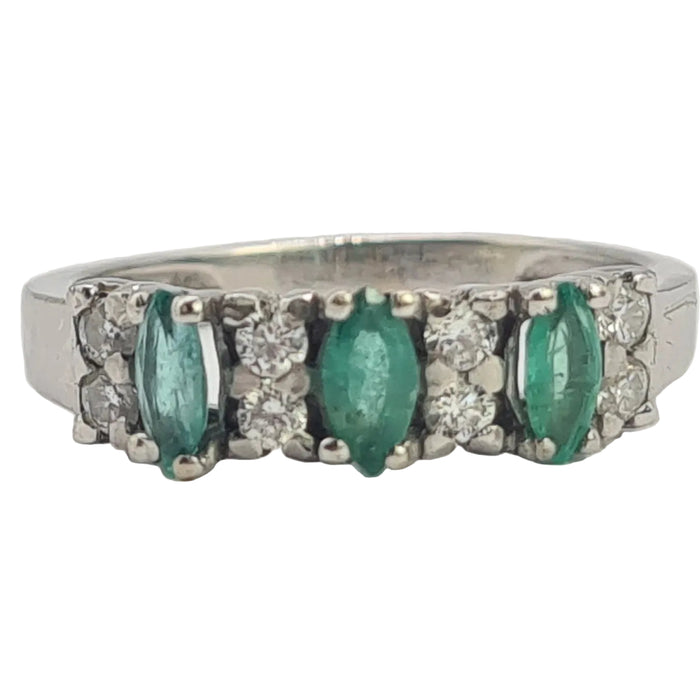 0679: Vintage 14ct White Gold 3 Emeralds 8 Natural Sparkling Diamonds Dress Ring