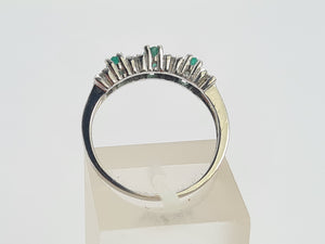 0679: Vintage; 14ct White Gold Emeralds Diamonds Half-Eternity Ring- crisp, clean, eye candy