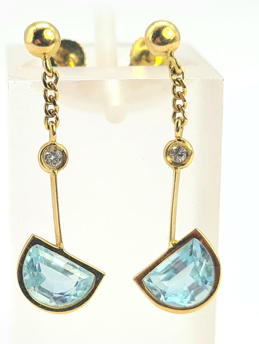 Vintage: 18ct Gold Azure Blue Topaz & Diamond Stud Drop Earrings