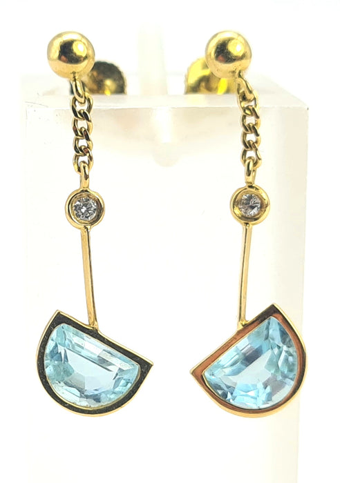Vintage: 18ct Gold Azure Blue Topaz & Diamond Stud Drop Earrings