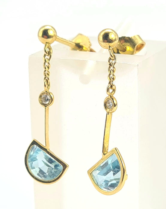 Vintage: 18ct Gold Azure Blue Topaz & Diamond Stud Drop Earrings