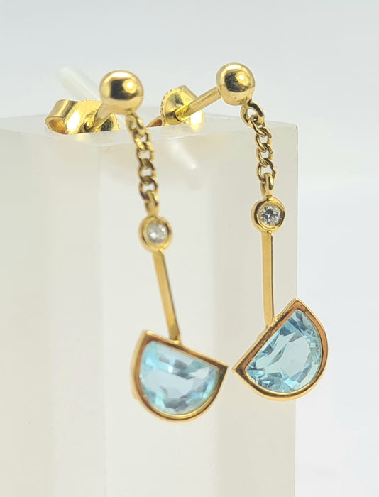 Vintage: 18ct Gold Azure Blue Topaz & Diamond Stud Drop Earrings