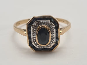 0108: Vintage: 9ct Gold Art Deco Style Sapphires Diamonds Panel Ring- geometric set.