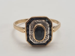 0108: Vintage: 9ct Gold Art Deco Style Sapphires Diamonds Panel Ring- geometric set.