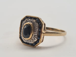 0108: Vintage: 9ct Gold Art Deco Style Sapphires Diamonds Panel Ring- geometric set.