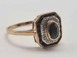 0108: Vintage: 9ct Gold Art Deco Style Sapphires Diamonds Panel Ring- geometric set.