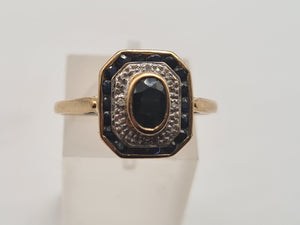 0108: Vintage: 9ct Gold Art Deco Style Sapphires Diamonds Panel Ring- geometric set.