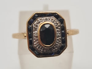 0108: Vintage: 9ct Gold Art Deco Style Sapphires Diamonds Panel Ring- geometric set.